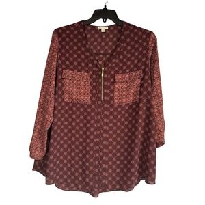 Cato Plus Size 18 20W Burgundy Floral Print V Neck Zip Front Blouse Top